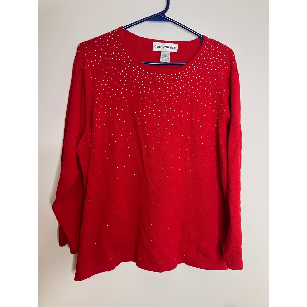 Cathy Daniels Sweater Womens Large Red Excellent Rhinestone Studded Cotton Knit